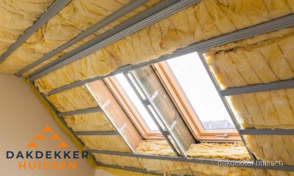 Schuin dak isoleren met glaswol bij dakraam in Huissen