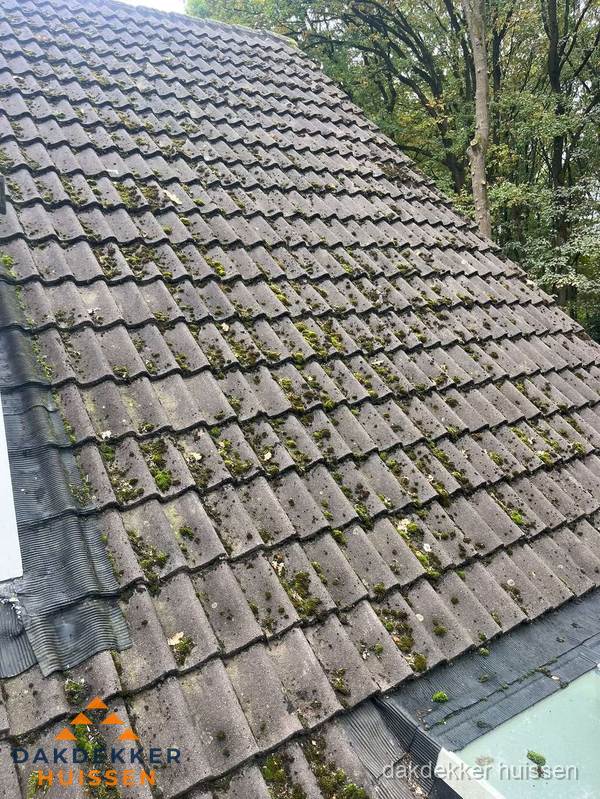 Verweerd pannendak met mosgroei dat renovatie nodig heeft in Huissen
